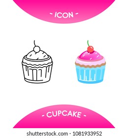 Cake icons in different style - black line stroke and colored versions. Vector symbols, pictograms for web, mobile app, logo, infographics, visualizations, promotion, ad