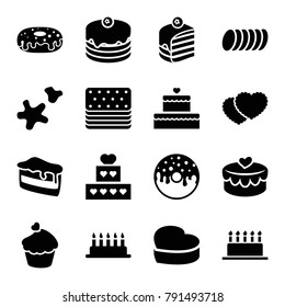 Cake icons. set of 16 editable filled cake icons such as donut, muffin, heart lock, cookie