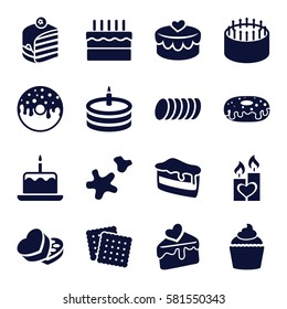cake icons set. Set of 16 cake filled icons such as cookies, donut, muffin, sweet box, heart lock, candle heart