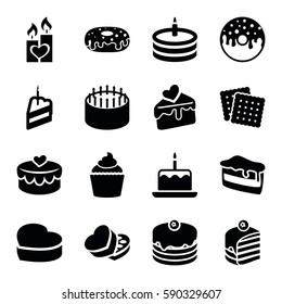 cake icons set. Set of 16 cake filled icons such as cookies, donut, muffin, sweet box, heart lock