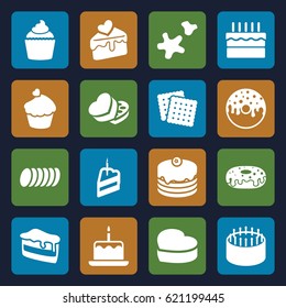 Cake icons set. set of 16 cake filled icons such as cookies, donut, muffin, sweet box