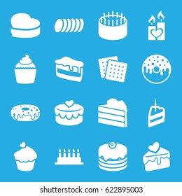 Cake icons set. set of 16 cake filled icons such as cookies, donut, muffin, heart lock, candle heart