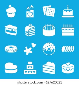 Cake icons set. set of 16 cake filled icons such as cookies, donut, muffin, heart lock, candle heart
