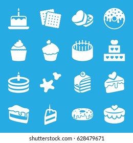 Cake icons set. set of 16 cake filled icons such as cookies, donut, muffin, sweet box, heart lock