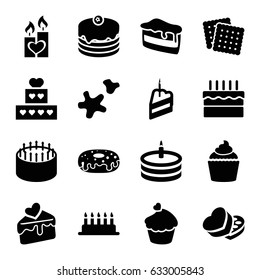 Cake icons set. set of 16 cake filled icons such as cookies, donut, muffin, sweet box, candle heart