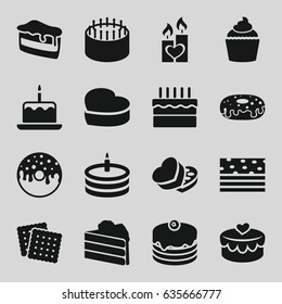 Cake icons set. set of 16 cake filled icons such as cookies, donut, muffin, sweet box, heart lock