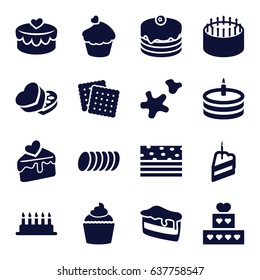 Cake icons set. set of 16 cake filled icons such as cookies, muffin, sweet box, heart lock