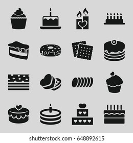 Cake icons set. set of 16 cake filled icons such as cookies, donut, muffin, sweet box, heart lock, candle heart