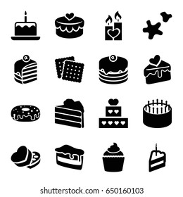 Cake icons set. set of 16 cake filled icons such as cookies, donut, muffin, sweet box, heart lock, candle heart
