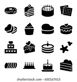 Cake icons set. set of 16 cake filled icons such as cookies, donut, muffin, sweet box, heart lock