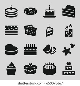 Cake icons set. set of 16 cake filled icons such as cookies, donut, muffin, sweet box, heart lock, candle heart