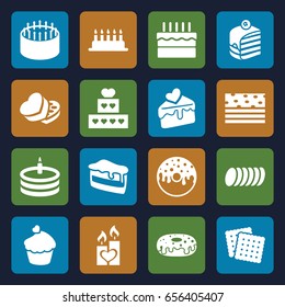 Cake icons set. set of 16 cake filled icons such as cookies, donut, muffin, sweet box, candle heart