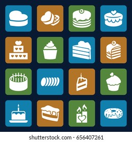 Cake icons set. set of 16 cake filled icons such as donut, muffin, sweet box, heart lock, candle heart