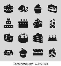 Cake icons set. set of 16 cake filled icons such as cookies, donut, muffin, sweet box, heart lock