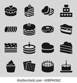 Cake icons set. set of 16 cake filled icons such as cookies, donut, muffin, sweet box, heart lock