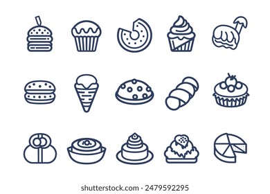 cake icons set. Set of 16 cake outline icons such as cookies, donut, muffin, sweet box, heart lock, candle heart