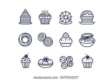 cake icons set. Set of 16 cake outline icons such as cookies, donut, muffin, sweet box, heart lock, candle heart