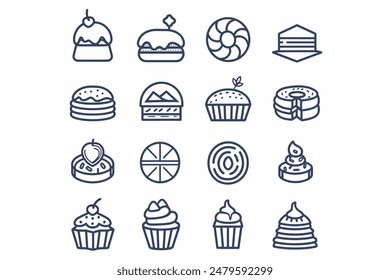 cake icons set. Set of 16 cake outline icons such as cookies, donut, muffin, sweet box, heart lock, candle heart