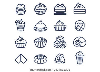 cake icons set. Set of 16 cake outline icons such as cookies, donut, muffin, sweet box, heart lock, candle heart