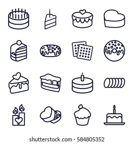 cake icons set. Set of 16 cake outline icons such as cookies, donut, muffin, sweet box, heart lock, candle heart