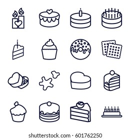 cake icons set. Set of 16 cake outline icons such as cookies, donut, muffin, sweet box, heart lock, candle heart
