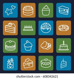 Cake icons set. set of 16 cake outline icons such as donut, muffin, sweet box, heart lock, candle heart