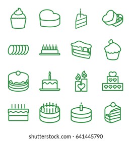 Cake icons set. set of 16 cake outline icons such as muffin, sweet box, candle heart
