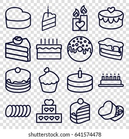 Cake icons set. set of 16 cake outline icons such as donut, muffin, sweet box, heart lock, candle heart