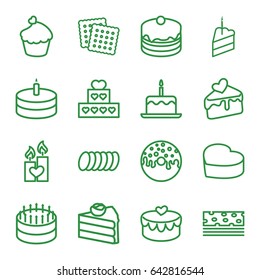 Cake icons set. set of 16 cake outline icons such as cookies, donut, muffin, heart lock, candle heart