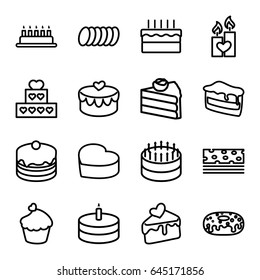 Cake icons set. set of 16 cake outline icons such as donut, muffin, heart lock, candle heart