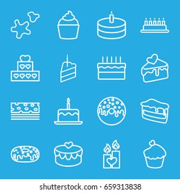 Cake icons set. set of 16 cake outline icons such as donut, muffin, heart lock, candle heart