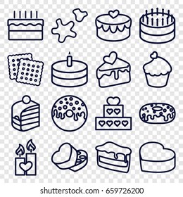 Cake icons set. set of 16 cake outline icons such as cookies, donut, muffin, sweet box, heart lock, candle heart