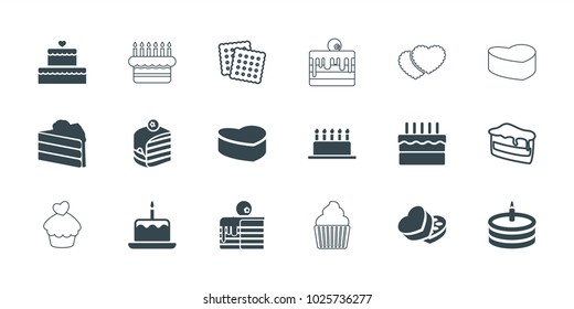 Cake icons. set of 18 editable filled and outline cake icons: sweet box, cookies