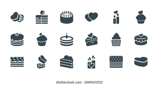 Cake icons. set of 18 editable filled cake icons: muffin, sweet box, heart lock, candle heart