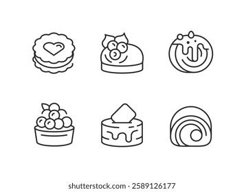 Cake icons. Set of 6 cake trendy minimal icons. Examples include cupcake, slice, piping bag, macarons and tiered cake icon. Design signs for web, mobile app, packaging design. Vector illustration