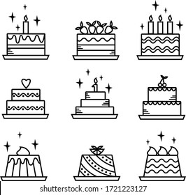 Cake icons. Set of 9 elements isolated on white background. Different types of cakes. Birthday party linear icons of homemade baking, chocolate delicious. Vector thin line illustration in trendy style