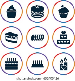 Cake icons set. set of 9 cake filled icons such as muffin, candle heart