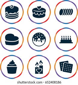 Cake icons set. set of 9 cake filled icons such as cookies, donut, muffin, heart lock, candle heart