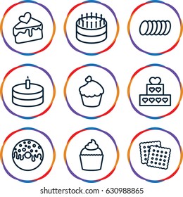 Cake icons set. set of 9 cake outline icons such as cookies, donut, muffin