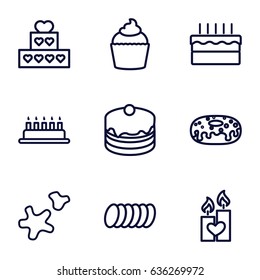 Cake icons set. set of 9 cake outline icons such as cake, donut, muffin, candle heart