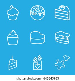 Cake icons set. set of 9 cake outline icons such as donut, muffin, candle heart