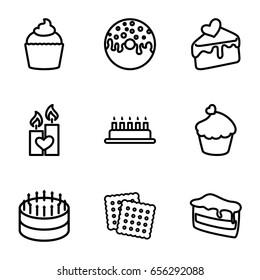 Cake icons set. set of 9 cake outline icons such as cookies, donut, muffin