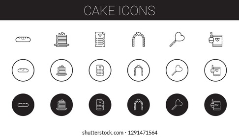 cake icons set. Collection of cake with baguettes, cake slice, wedding planning, wedding arch, lollipop, candy. Editable and scalable icons.