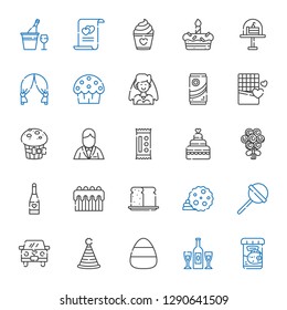 cake icons set. Collection of cake with fish food, champagne, candy, party hat, wedding car, lollipop, cookie, bread, bouquet, wedding cake. Editable and scalable cake icons.