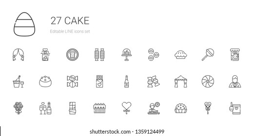 cake icons set. Collection of cake with pie, breakfast, lollipop, chocolate, champagne, bouquet, wedding arch, candy, sweet, donuts, groom, fish food. Editable and scalable cake icons.
