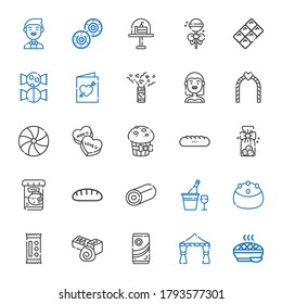 cake icons set. Collection of cake with pie, wedding arch, chocolate, candy, champagne, sweet, bread, fish food, cookies, baguettes, muffin. Editable and scalable cake icons.