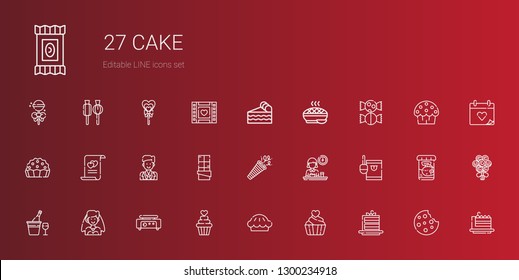 cake icons set. Collection of cake with cake slice, cupcake, pie, crepe maker, bride, champagne, candy, breakfast, confetti, chocolate, groom. Editable and scalable icons.