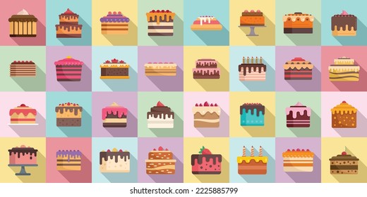 Cake icons set flat vector. Cream dessert. Bakery party