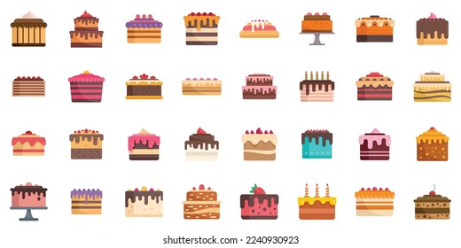 Cake icons set flat vector. Cream dessert. Bakery party isolated