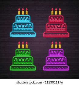 Cake Icons Set Neon Light Glowing Vector Illustration with Dark Background